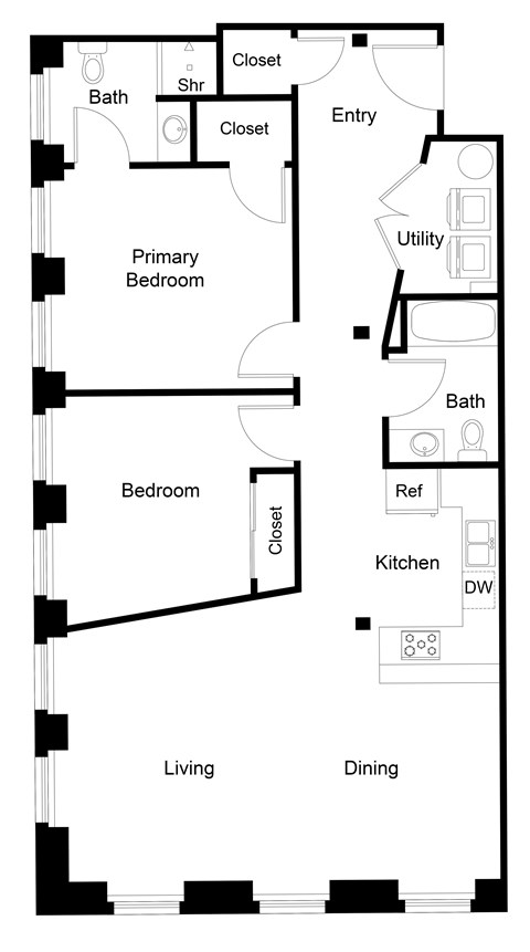 Floor plan for 2 beds, 2 baths, 1222 sqft